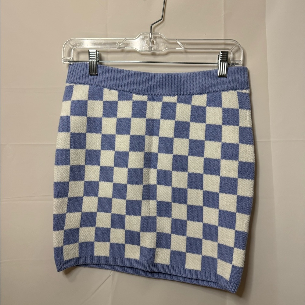 Hollister Blue and White Checkered Sweater Mini Skirt